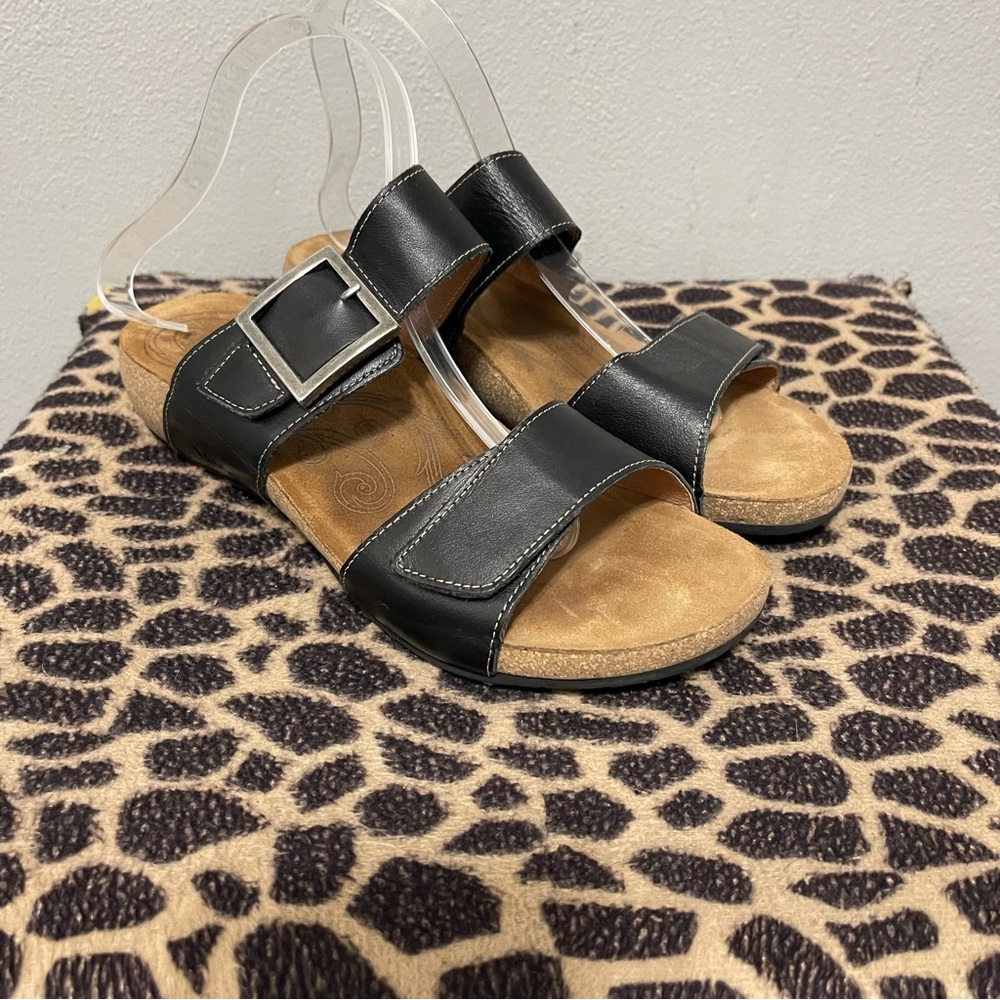 Taos Footwear Black Leather Dual-Strap Slide Sandals